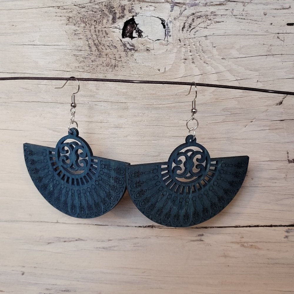 Wood Earrings - Teal Fan